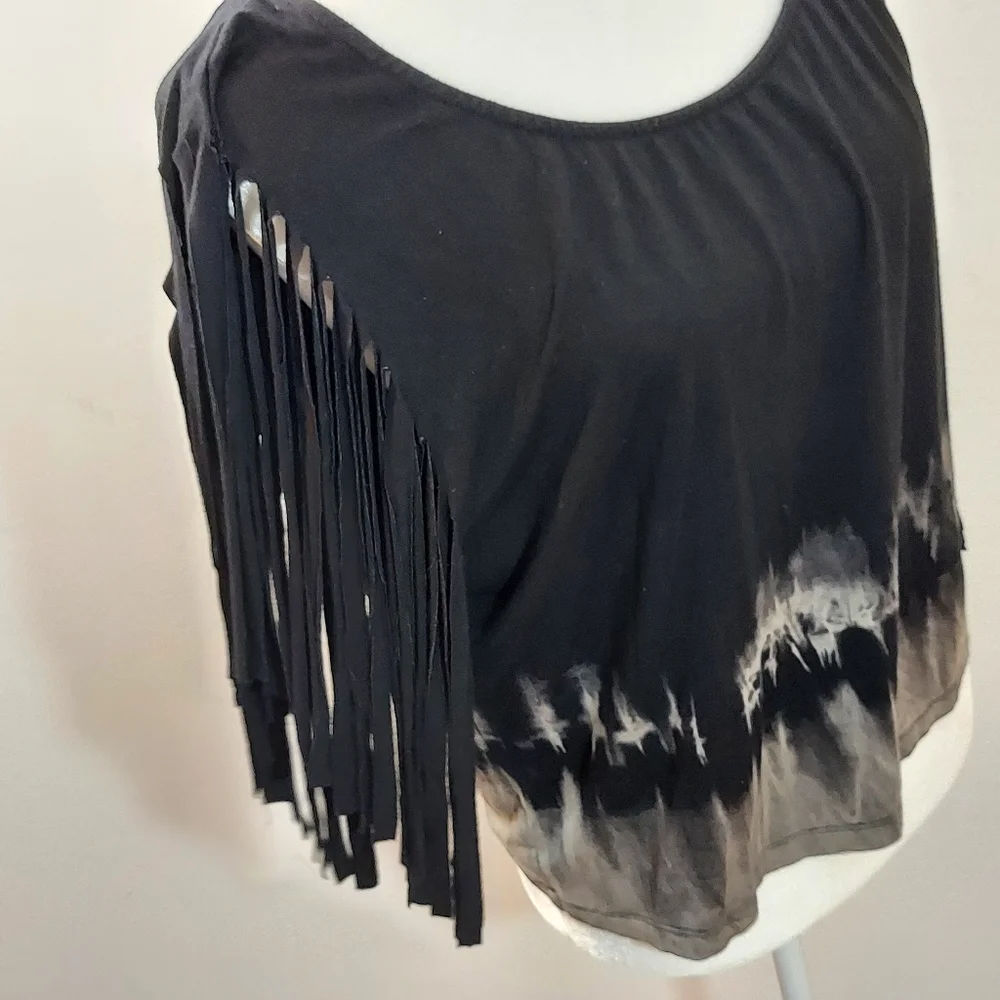 WetSeal Women's Black Tie Dye Bleached Shirt with Fun Fringe Cut Sleeves - Picture 1 of 15
